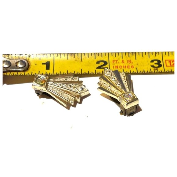 Vintage Clip-on Art Deco Silver-Tone Earrings Rhinestone Detail Signed W.Germany - Picture 6 of 8